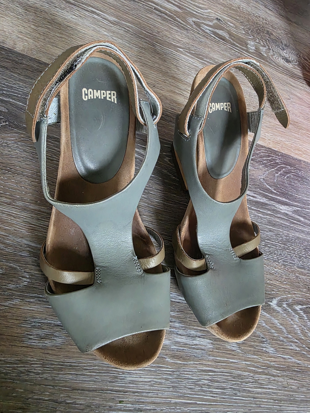 Camper Olive Green Leather Slingback Sandals with Tan Accents